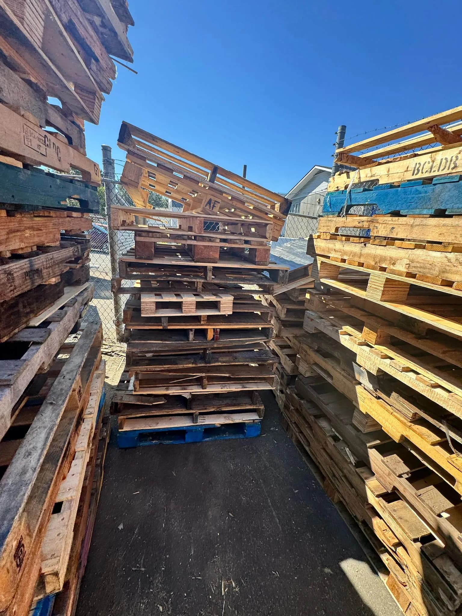 Used wooden pallets being collected for recycling and repurposing in Metro Vancouver